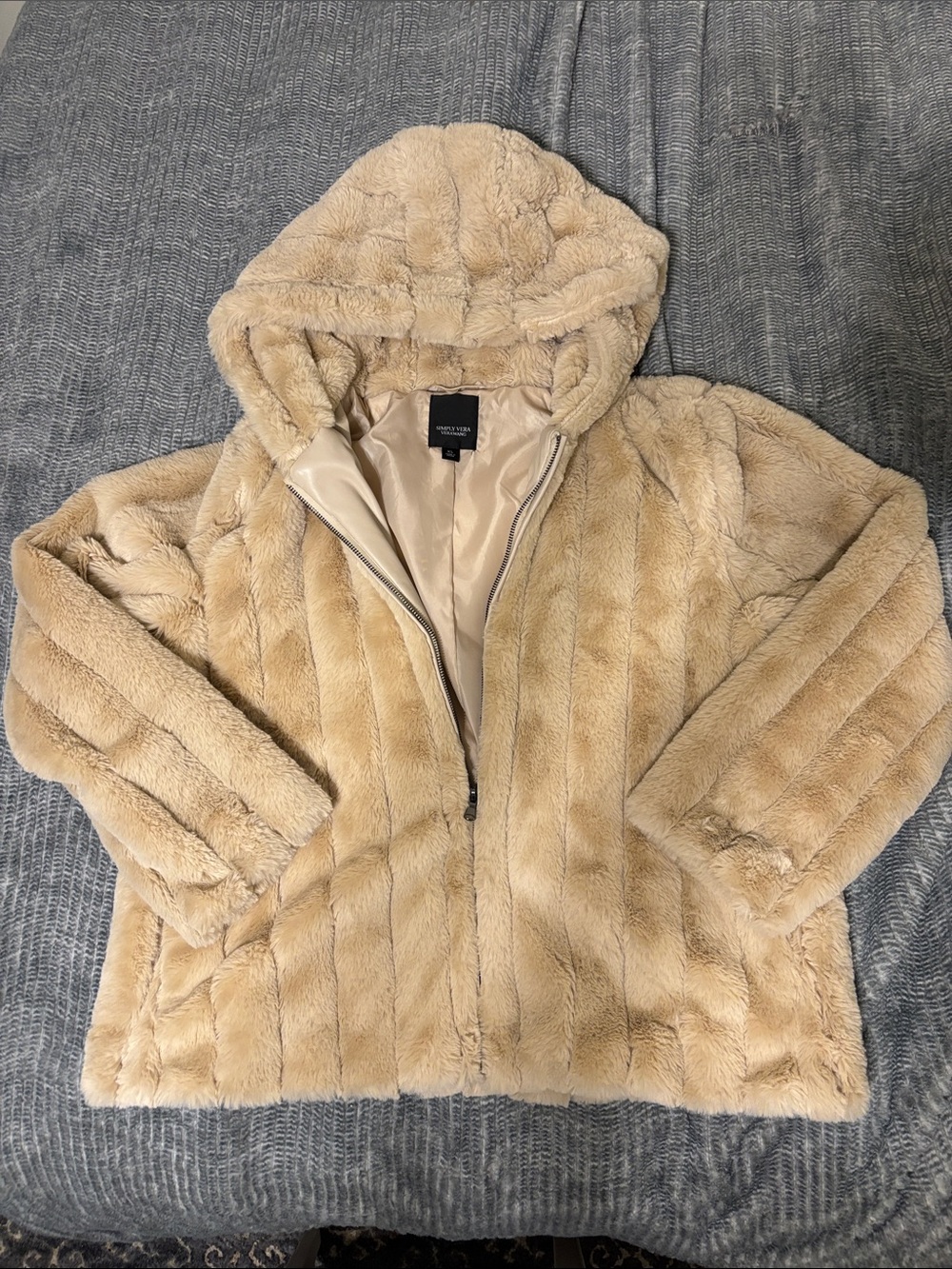 Simply Vera XL Plush Faux-Fur Hooded Jacket in Beige